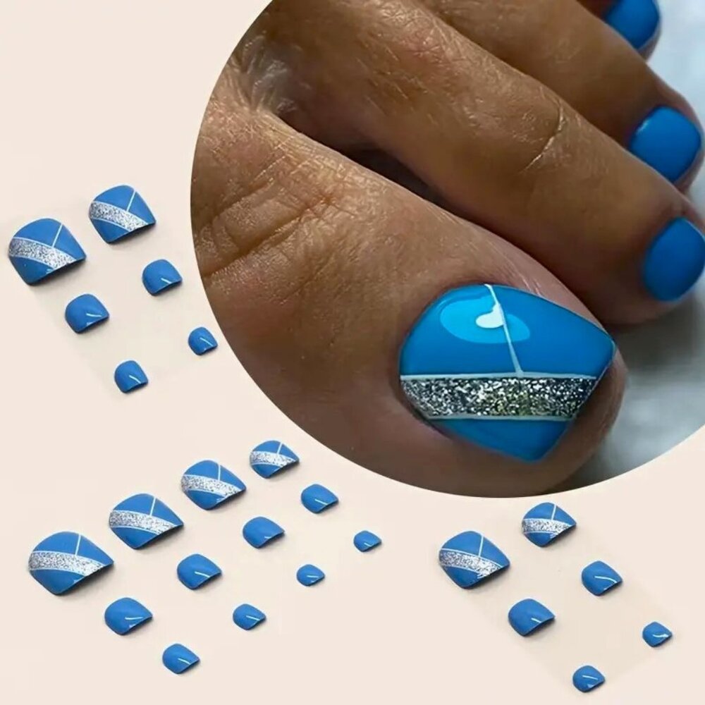 Nails Blue Silver Glitter Press On 24 Toenails Short Stylish Trendy Fake Glossy